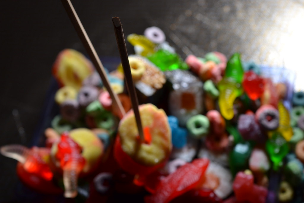 Blurred close-up of colorful gummy candies